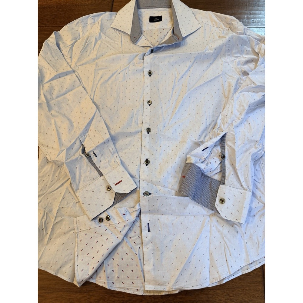 Men's Long Sleeve Shirt L Bespoke Quality Custom Made Anthony Mason Navy Red AOP - Picture 6 of 7